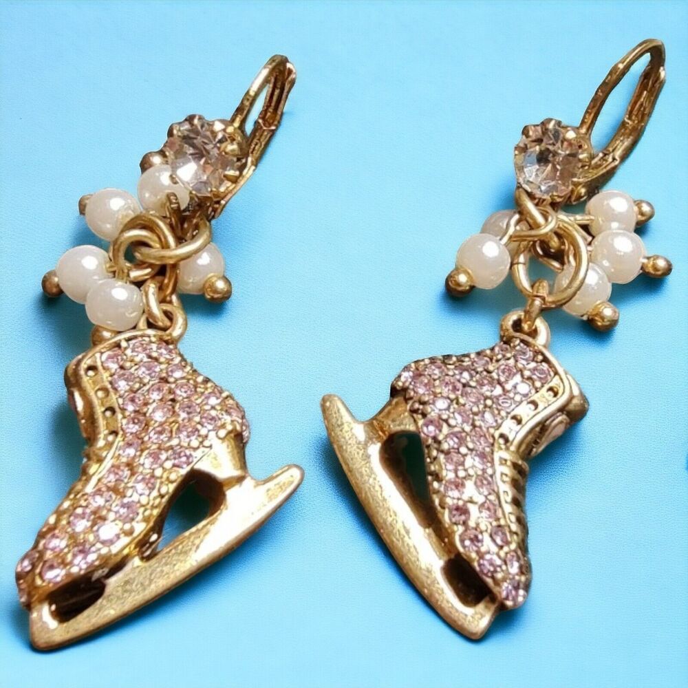 NEW Betsey Johnson Vintage Winter Glam Pink Crystal Ice Skates Holiday Earrings - Picture 8 of 9